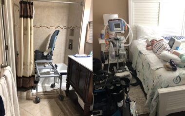 An interior of a rental condo that offered accessible features. In the picture a woman lies on a bed. Medical equipment is seen placed around the room. 
