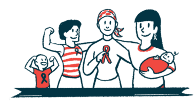 A trio of adults, one holding a baby, and a child seen flexing both arms, are clustered together, showing off awareness ribbons.