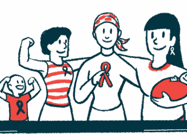 A trio of adults, one holding a baby, and a child seen flexing both arms, are clustered together, showing off awareness ribbons.