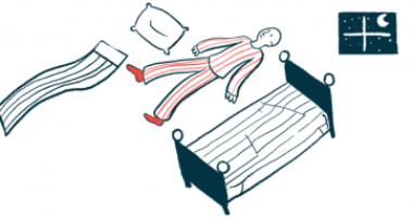 A person in pajamas floats above a bed.