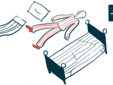 A person in pajamas floats above a bed.