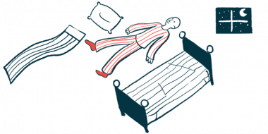 A person in pajamas floats above a bed.