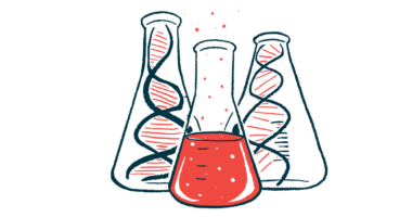 Illustration of three beakers, one containing a red fluid, and the others showing DNA strands.