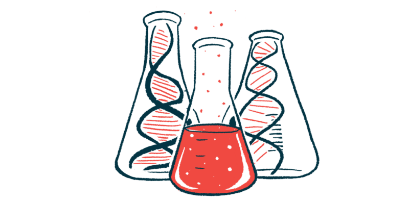 Three beakers, one containing a red fluid, and the others showing DNA strands, are shown clustered together.