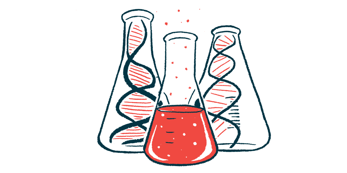 Illustration of three beakers, one containing a red fluid, and the others showing DNA strands.
