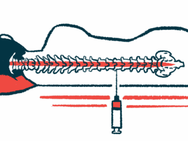 A person is shown lying on their side, with their spinal cord visible, as an intrathecal injection into their spinal canal is performed using a needle.