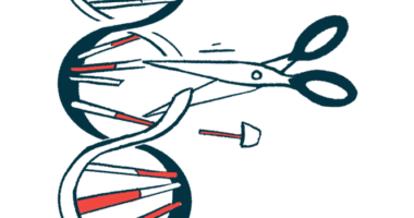 An illustration showing a pair of scissors splicing into the DNA helix.