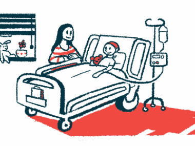 Illustration of a child in a hospital bed with an adult standing at bedside.