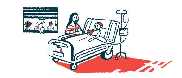 Illustration of a child in a hospital bed with an adult standing bedside.
