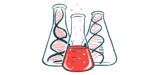 An illustration showing three lab beakers, two containing DNA strands and one half-filled with a liquid.
