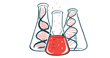 An illustration showing three lab beakers, two containing DNA strands and one half-filled with a liquid.