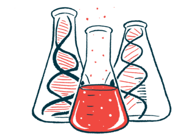 An illustration showing three lab beakers, two containing DNA strands and one half-filled with a liquid.