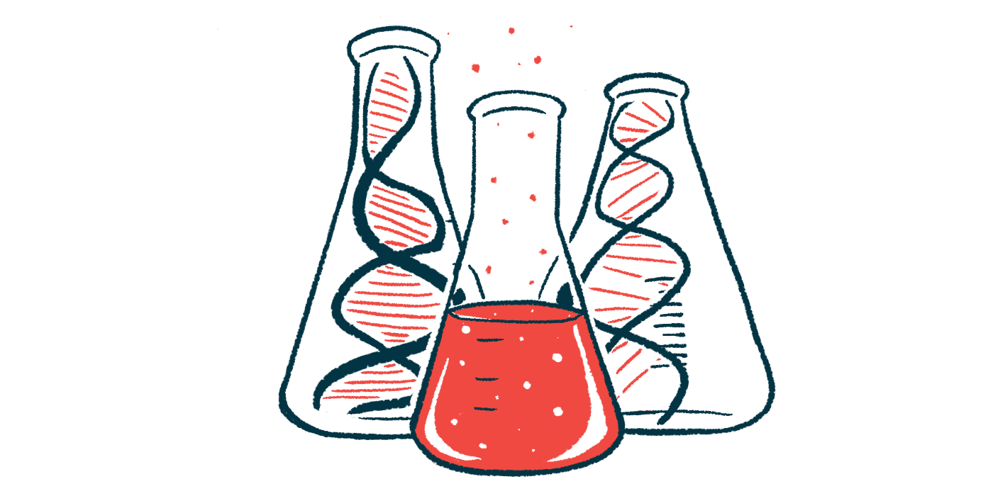 An illustration showing three lab beakers, two containing DNA strands and one half-filled with a liquid.