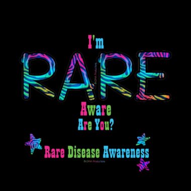 A colorful graphic on a black background states: "I'm Rare, Aware, Are you? It's meant to promote SMA awareness and advocacy.