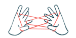 Two hands are shown making a cat's cradle with a string in this illustration of hand dexterity.