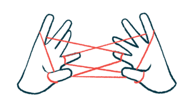 Two hands are shown making a cat's cradle with a string in this illustration of hand dexterity.