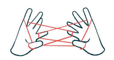 Two hands are shown making a cat's cradle with a string in this illustration of hand dexterity.