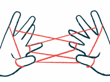 Two hands are shown making a cat's cradle with a string in this illustration of hand dexterity.