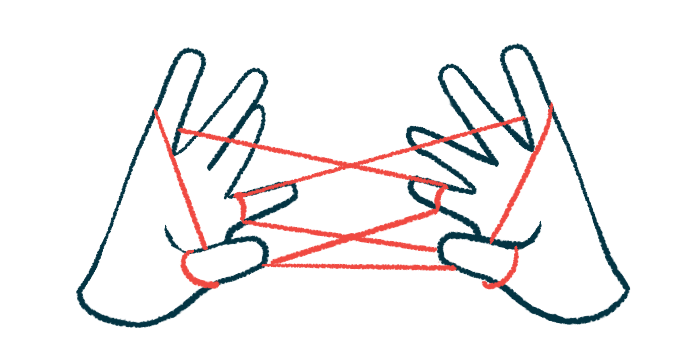 Two hands are shown making a cat's cradle with a string in this illustration of hand dexterity.