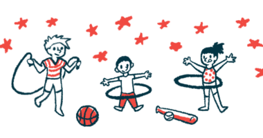 Illustration of three children playing with hula hoops and jumping rope.