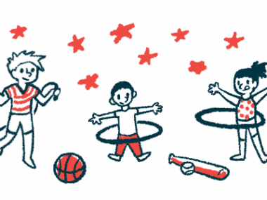 Illustration of three children playing with hula hoops and jumping rope.