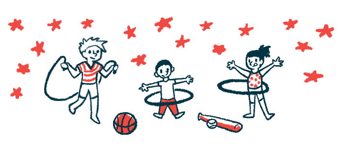 Illustration of three children playing with hula hoops and jumping rope.