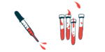 A tube squirting a red liquid is shown alongside vials collecting the liquid.