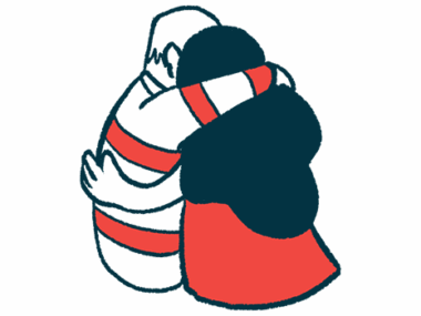 An illustration of two people, seen from the back, sharing a hug.