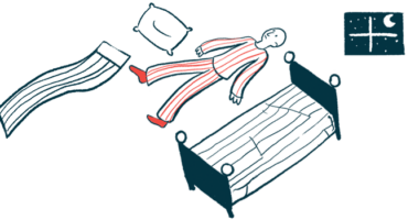 An illustration of disturbed nighttime sleep shows a man lying on a floor alongside a bed, blanket and pillow.