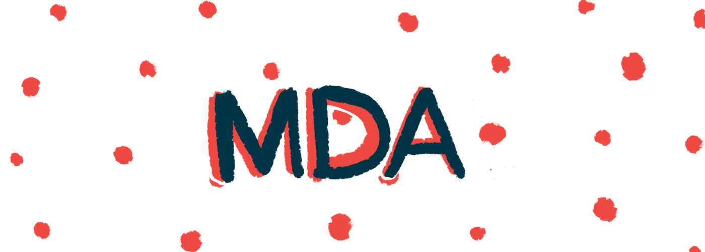 The letters MDA are shown in black, with red shadows, against a backdrop of red polka dots on a white background.