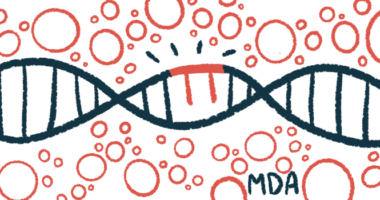 The acronym MDA is seen below a fragment of DNA repaired with gene therapy.