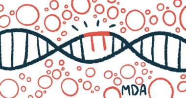 The acronym MDA is seen below a fragment of DNA repaired with gene therapy.