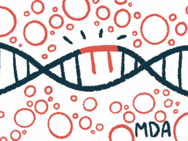 The acronym MDA is seen below a fragment of DNA repaired with gene therapy.