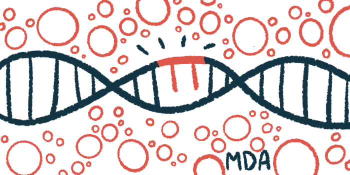 The acronym MDA is seen below a fragment of DNA repaired with gene therapy.