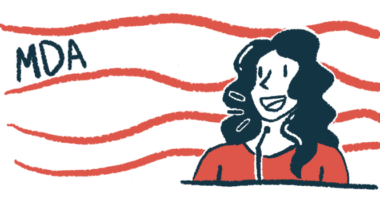 The acronym MDA is seen alongside a woman speaking with a microphone at a podium.