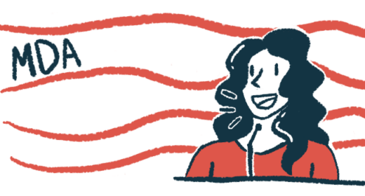 The acronym MDA is seen alongside a woman speaking with a microphone at a podium.