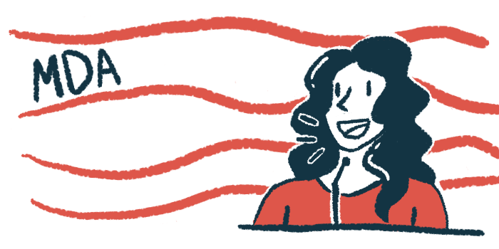 The acronym MDA is seen alongside a woman speaking with a microphone at a podium.