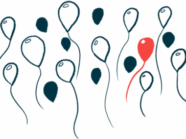 In this rare disease illustration, a single red balloon is seen among more than a dozen black and white balloons.