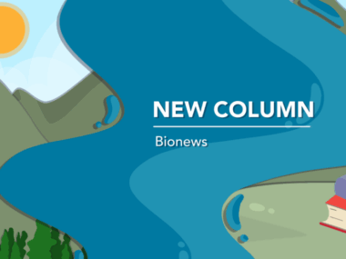 A banner for a new Bionews column depicts a stack a books, mountains, and the sun.