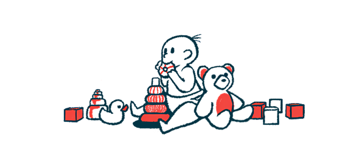 A baby sits unassisted while playing with toys.