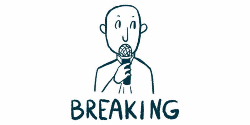 The word "breaking" is seen in all capital letters below a person using a microphone to deliver an announcement.