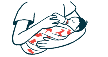 A baby is seen feeding from a bottle while being cradled in a parent's arms.