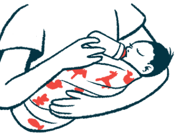 A baby is seen feeding from a bottle while being cradled in a parent's arms.