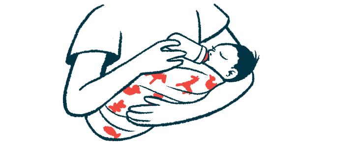 A baby is seen feeding from a bottle while being cradled in a parent's arms.