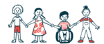 An illustration of children, three standing and one in a wheelchair, holding hands.