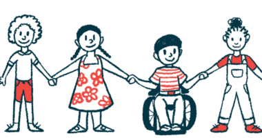 An illustration of children, three standing and one in a wheelchair, holding hands.