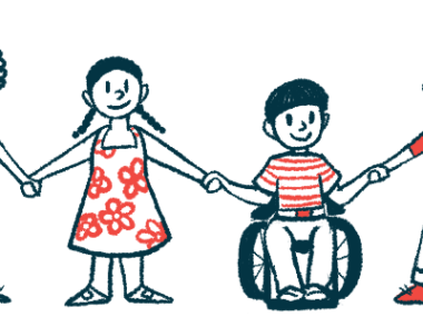 An illustration of children, three standing and one in a wheelchair, holding hands.