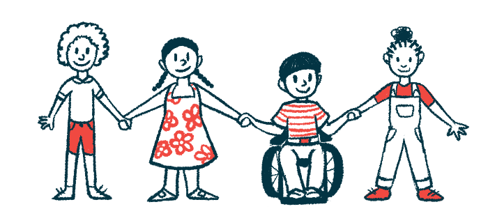 An illustration of children, three standing and one in a wheelchair, holding hands.