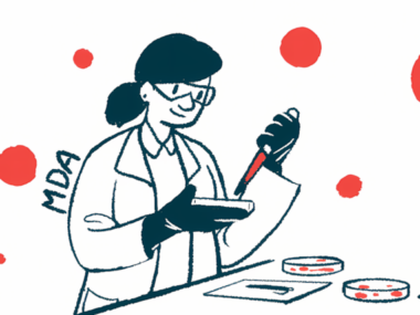 A scientist works with a dropper and a petri dish in a lab, with other petri dishes and a test tube-filled rack on a table and red spots and the letters MDA in the background.
