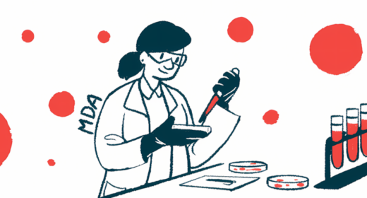 A scientist works with a dropper and a petri dish in a lab, with other petri dishes and a test tube-filled rack on a table and red spots and the letters MDA in the background.